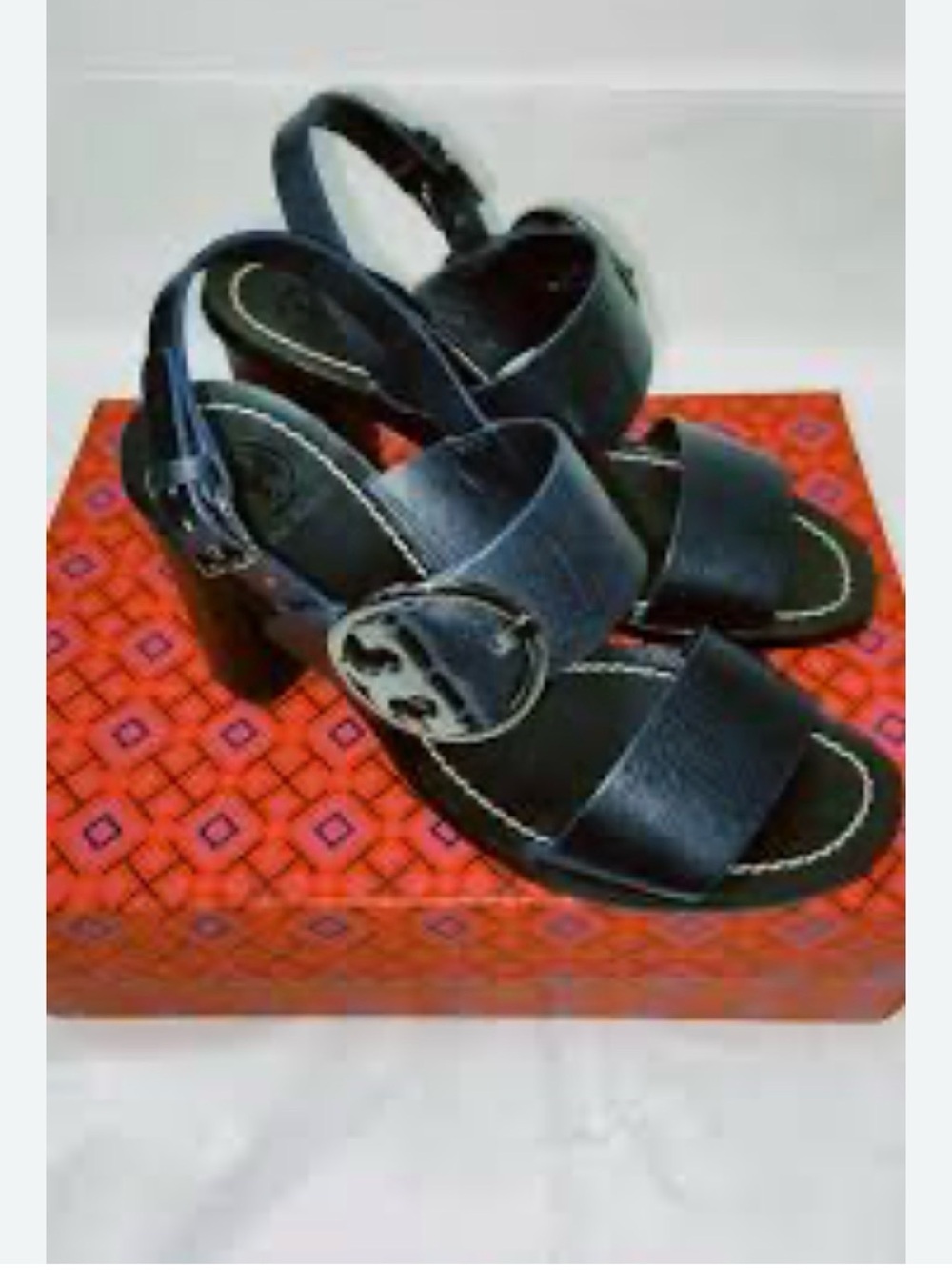 Tory Burch Black Leather Block Heel Sandals with Logo Buckle